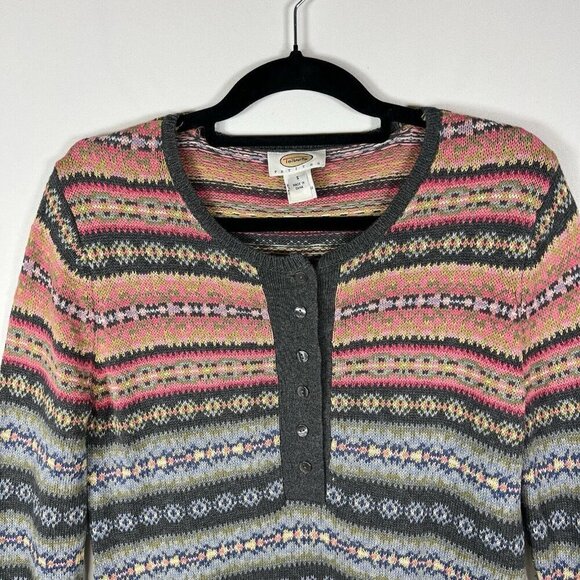 TALBOTS Womens Size S Fair Isle Crewneck Henley 1/4 Button Sweater Winter Hoiday - Picture 3 of 8